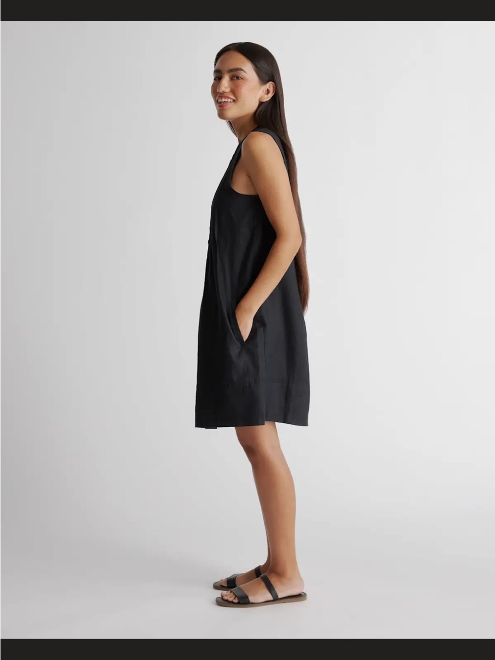 Quince Black Sleeveless Pintuck Button-Front Mini Dress - Picture 2 of 13